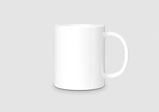 White 11oz ceramic mug with glossy finish on a neutral background