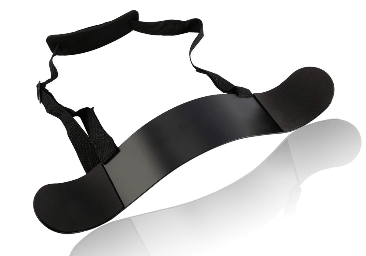 Arm Blaster Pro fitness accessory made of lightweight aluminum with adjustable strap and cushioned neck pad